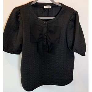 Carole Christian Black Textured Bow Puff Sleeve Top Medium CCT72324